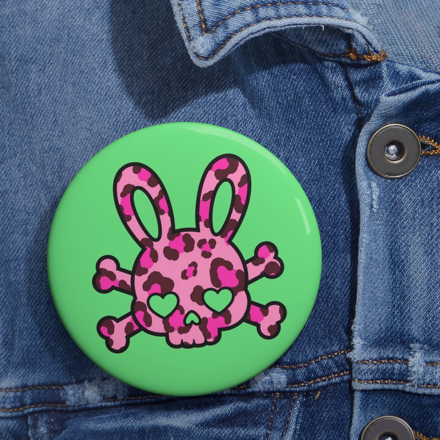 Cute Punk Bunny Skull Pin Button — Pink Leopard Heart-Eye Badge