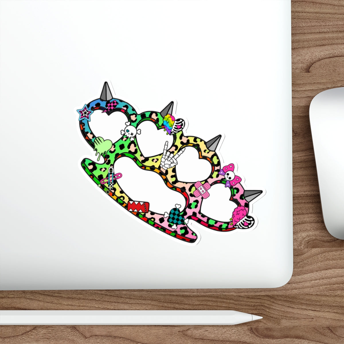 Rainbow Heart Brass Knuckle Die-Cut Sticker – Emo Scene Y2K Kawaii Vinyl Decal