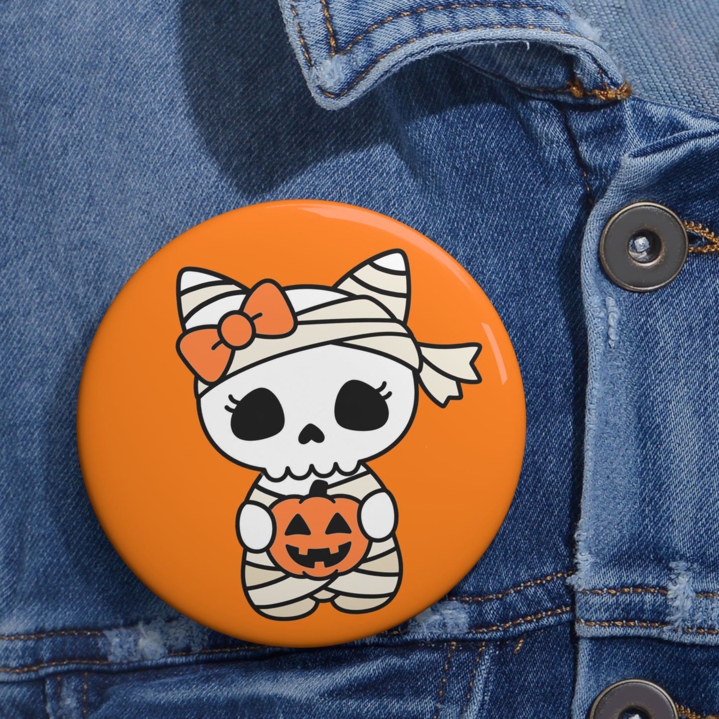 Cute Mummy Skull Halloween Pin Button – Orange Trick-or-Treat Accessory