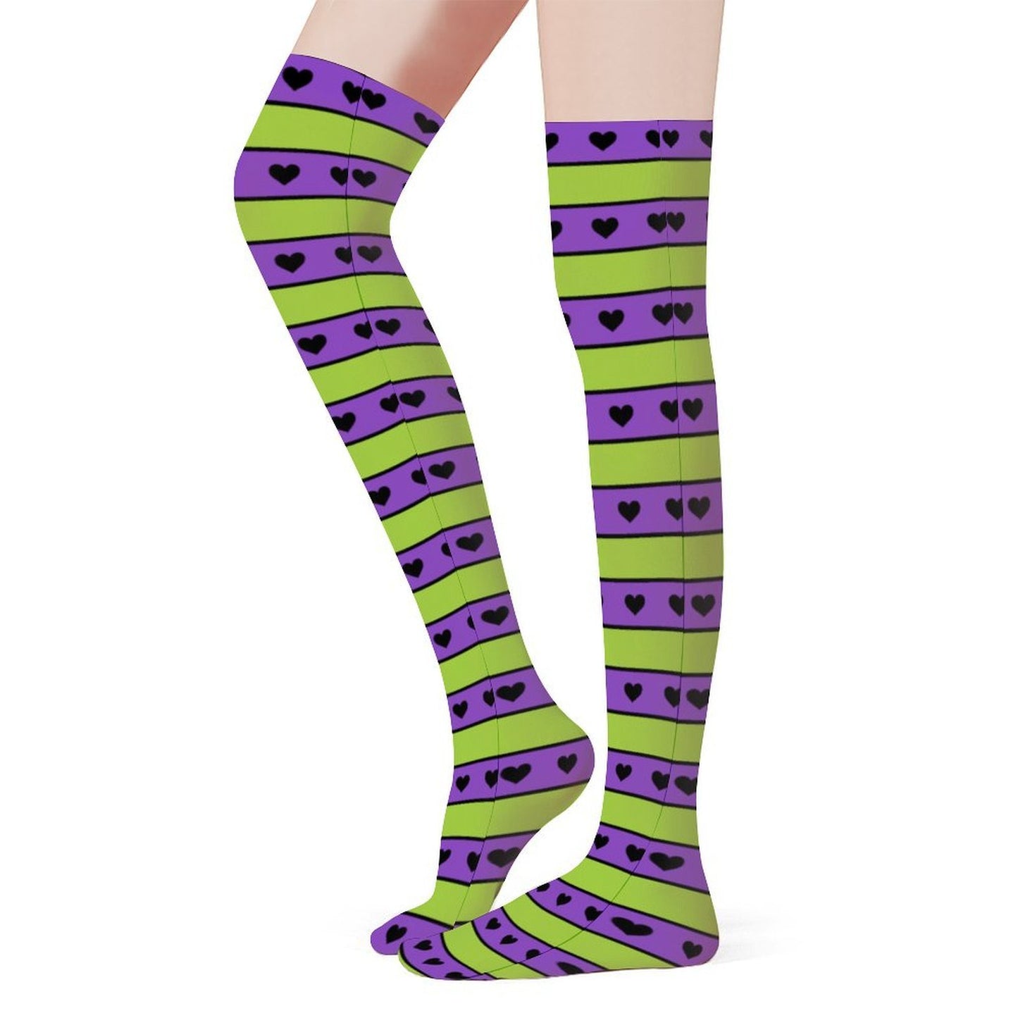 Purple Lime Heart Stripe Over The Knee Stockings | Emo Scene Goth Fashion
