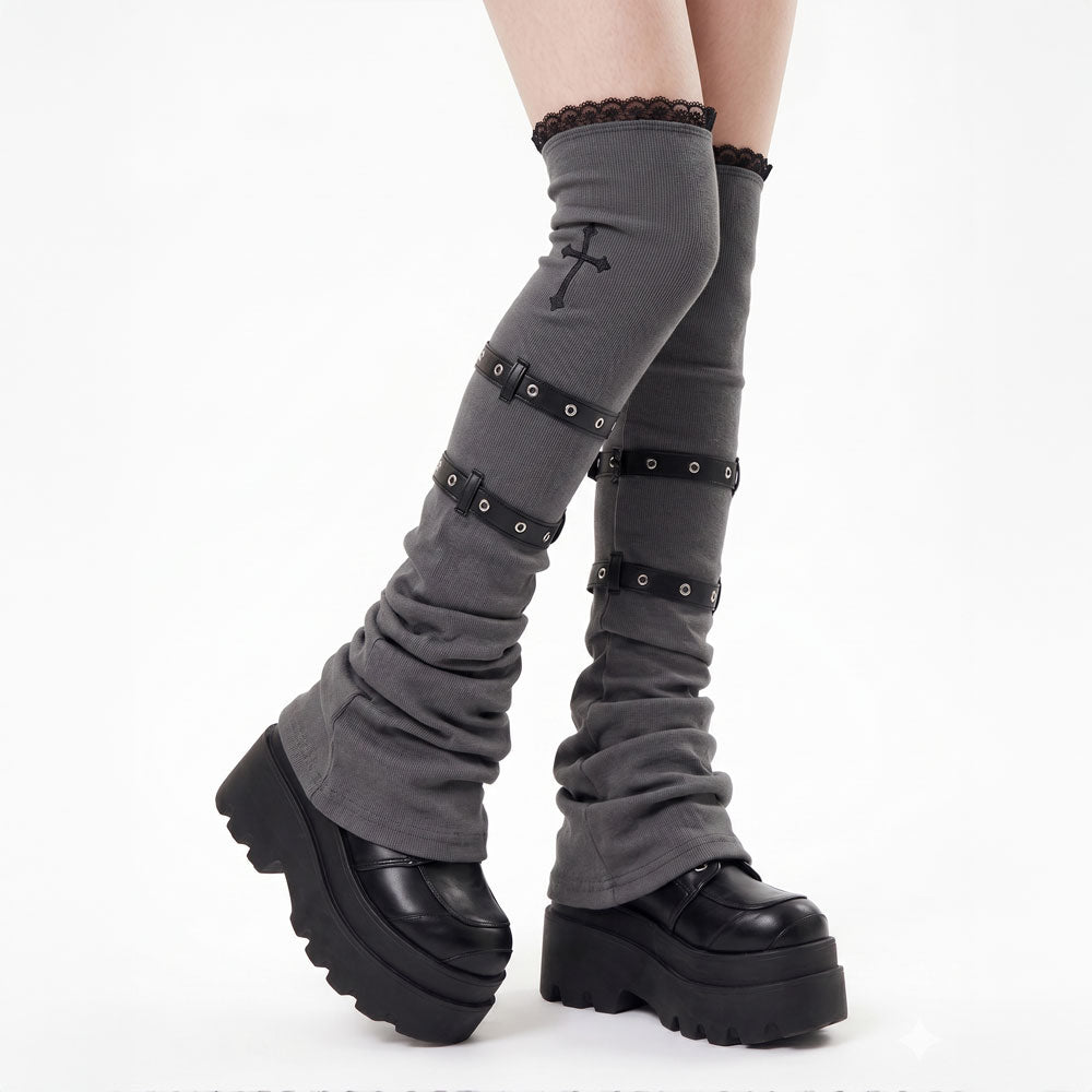 Goth Strap Slouch Leg Warmers – Cotton Ribbed Knee High Leg Sleeves