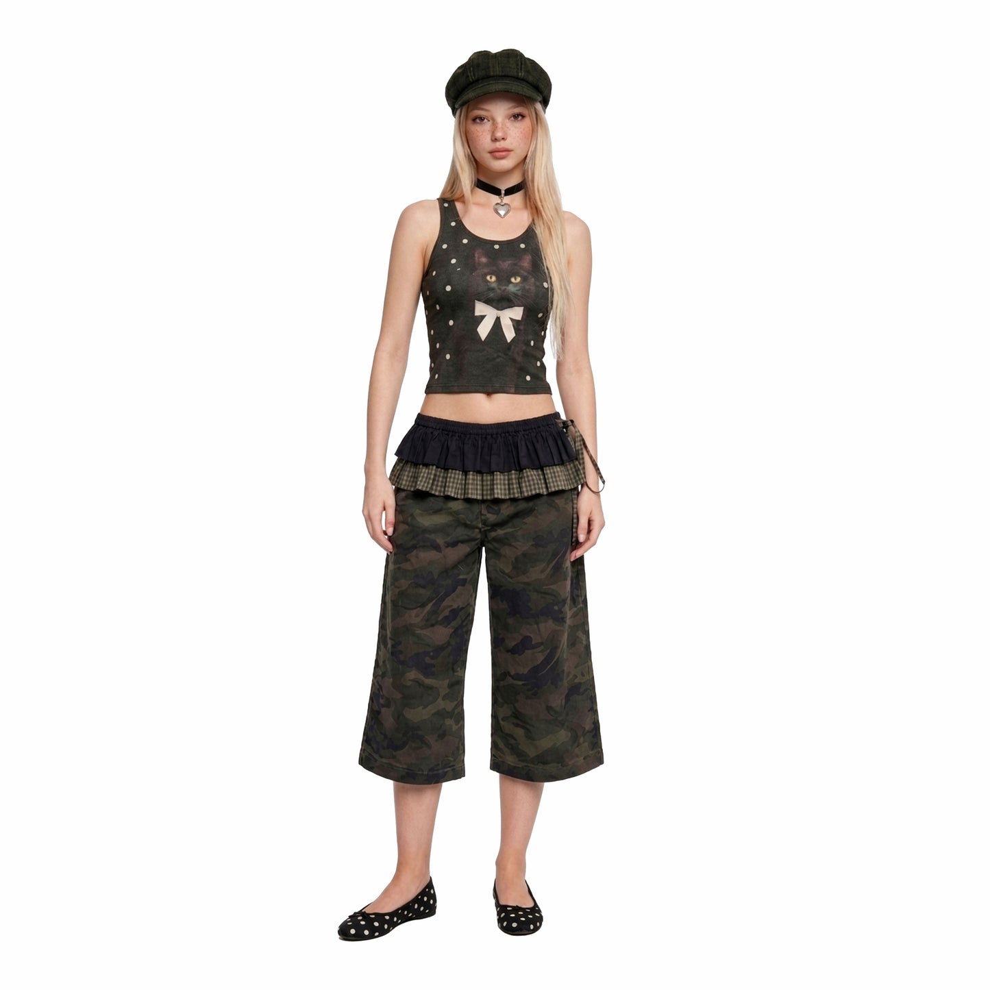 Y2K Layered Top & Camo Cargo Pants Set – Ruffle Waist Grunge Two-Piece