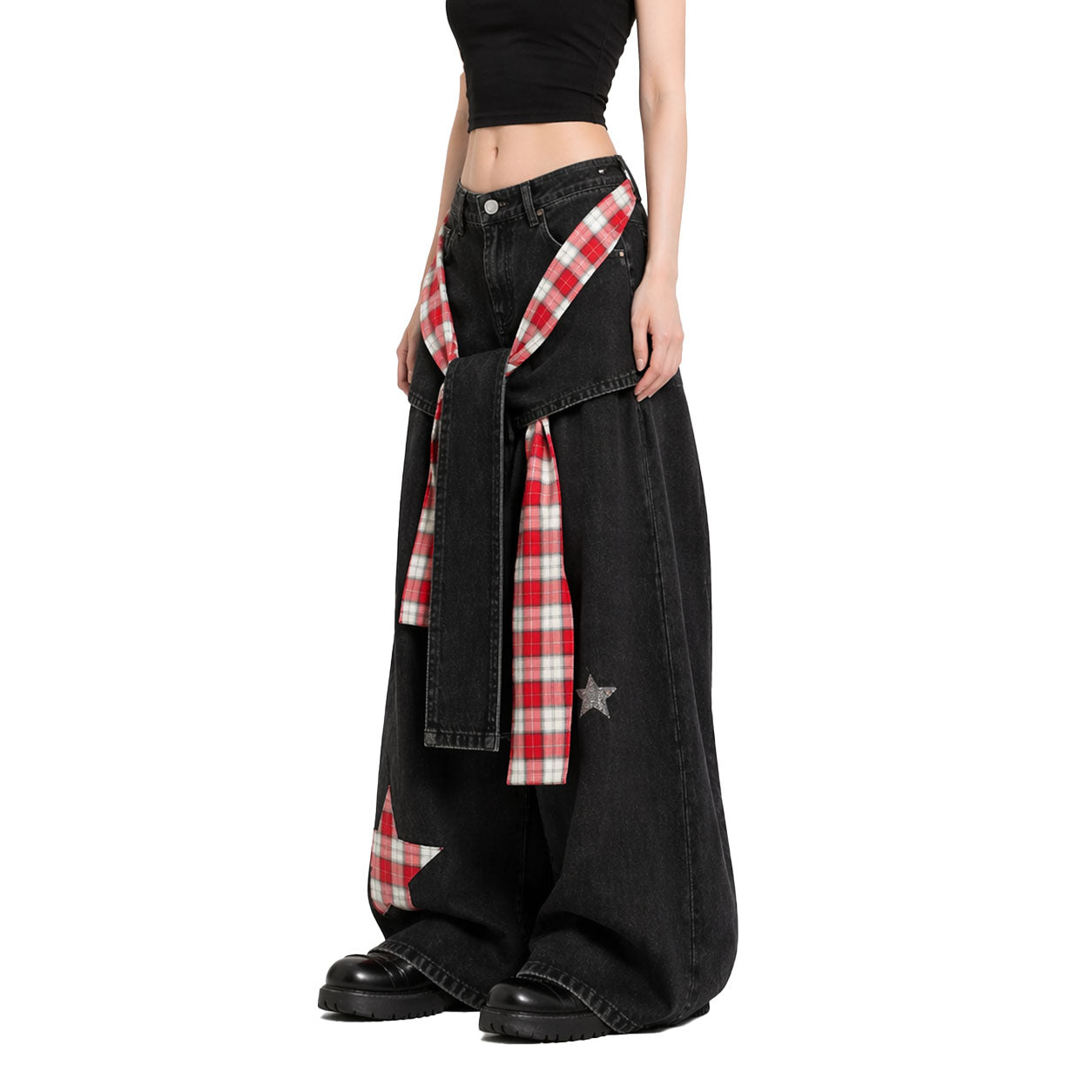 Star Patch Layered Plaid Wide-Leg Jeans