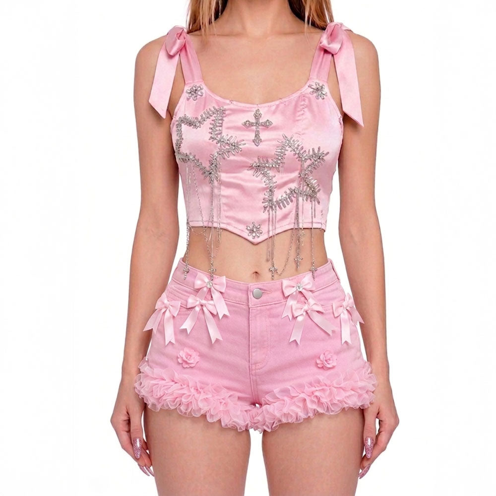 Pink Bow Ruffle Denim Micro Shorts – High Waist Coquette Mini Shorts