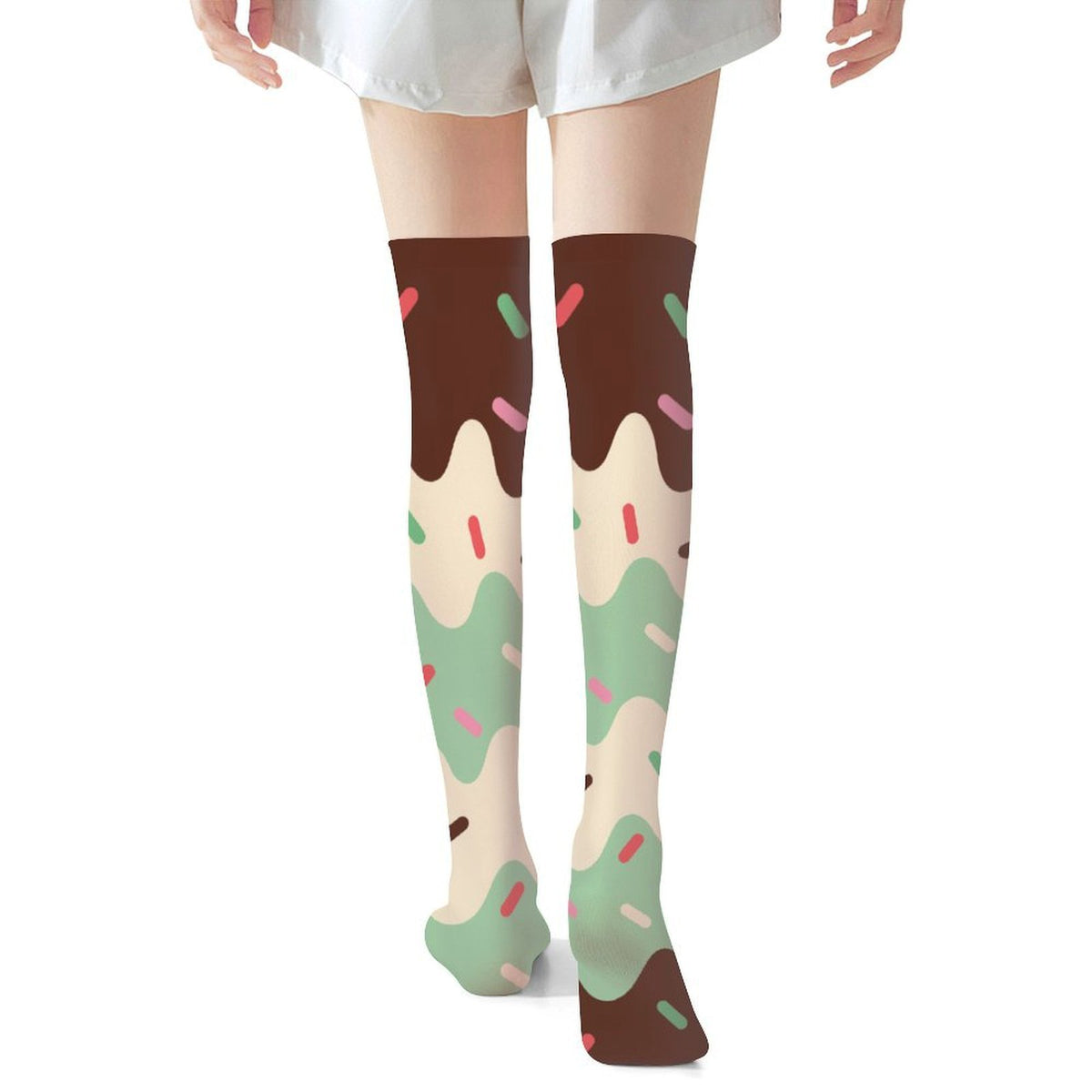 Mint Chocolate Ice Cream Drip Over-the-Knee Socks