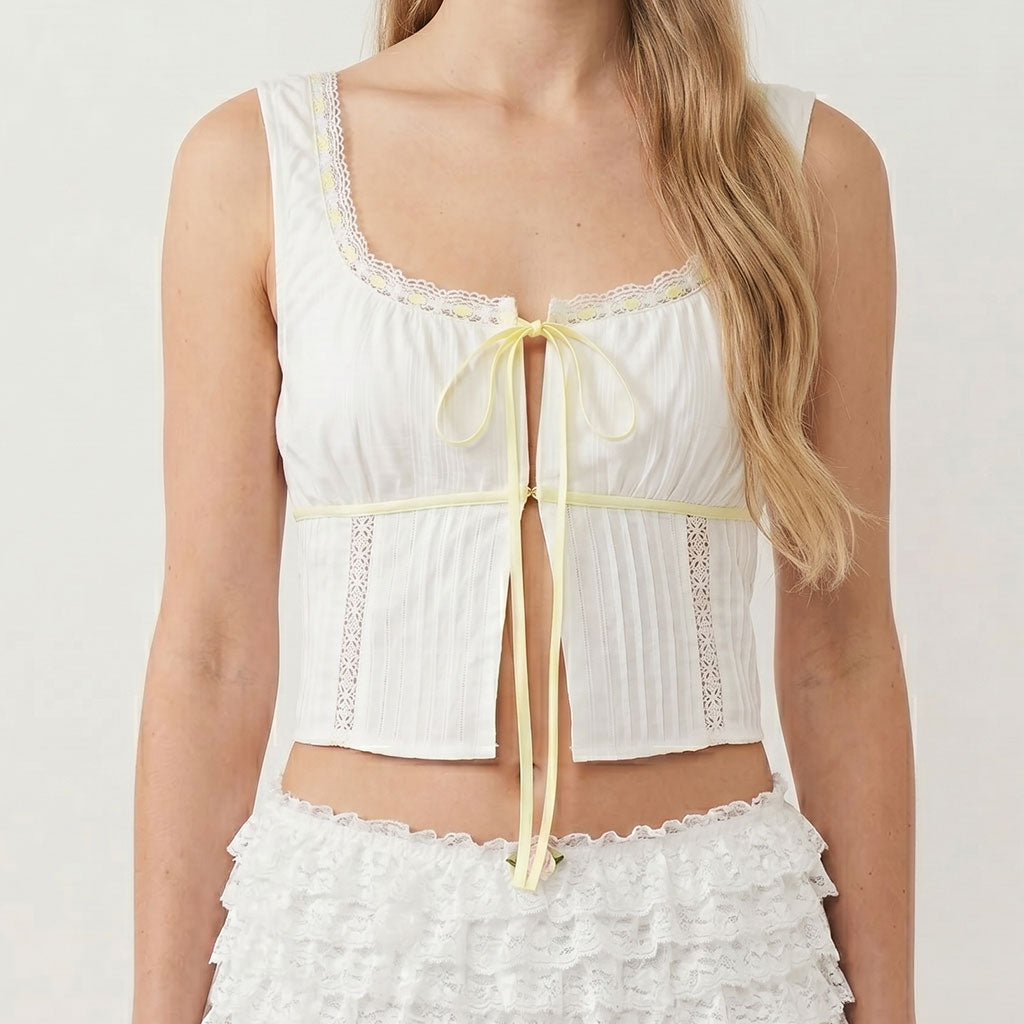 Cream Lace Tie Front Tank Top – Soft Coquette Cropped Camisole