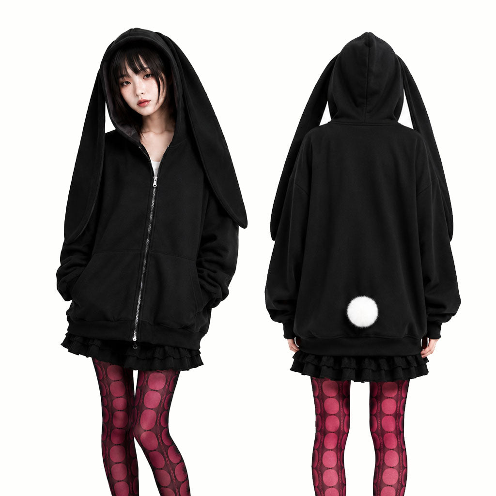 Black Bunny Ear Oversized Zip Hoodie – Handmade Emo Kawaii Jacket
