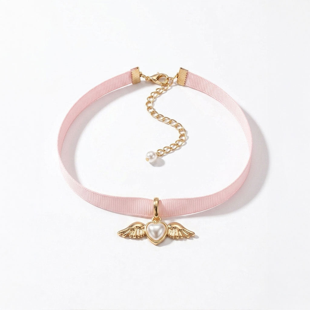 Angel Heart Pink Ribbon Choker Necklace – Coquette Fairycore Jewelry