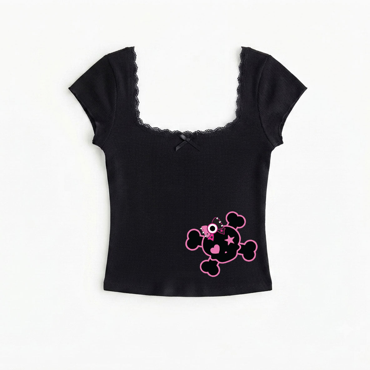 Pink Skull Crossbones Lace Trim Baby Tee
