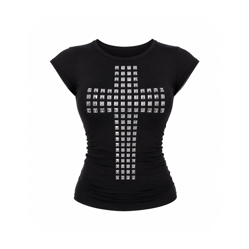Stud Cross Baby Tee | Scene Emo Y2K Fitted Cotton Tee