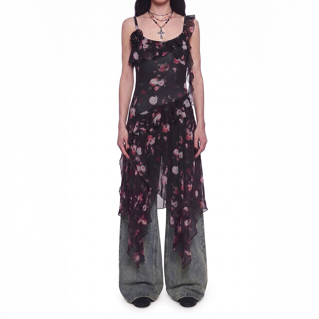 Dark Floral Asymmetrical Ruffle Midi Dress – Sheer Layer Slip Dress