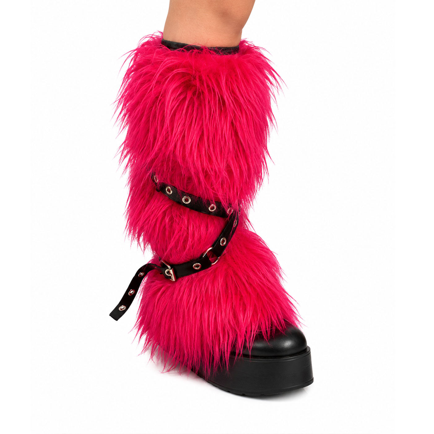 Hot Pink Shaggy Fur Leg Warmers with Buckle Straps