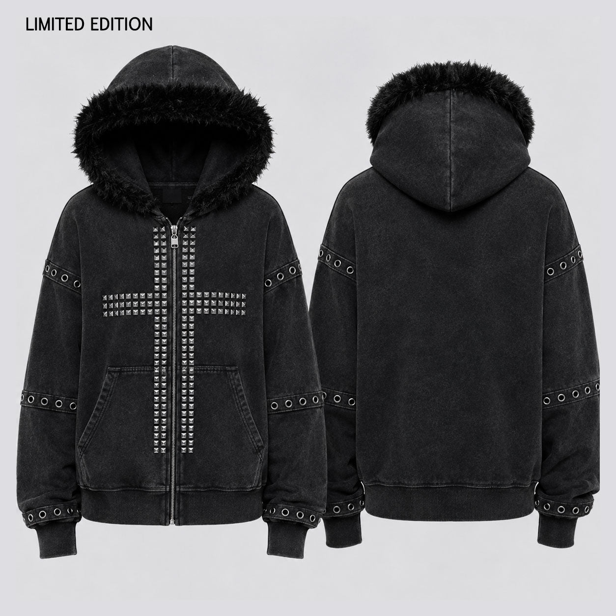 Studded Cross Faux Fur Unisex Zip Up Hoodie - Limited Edition