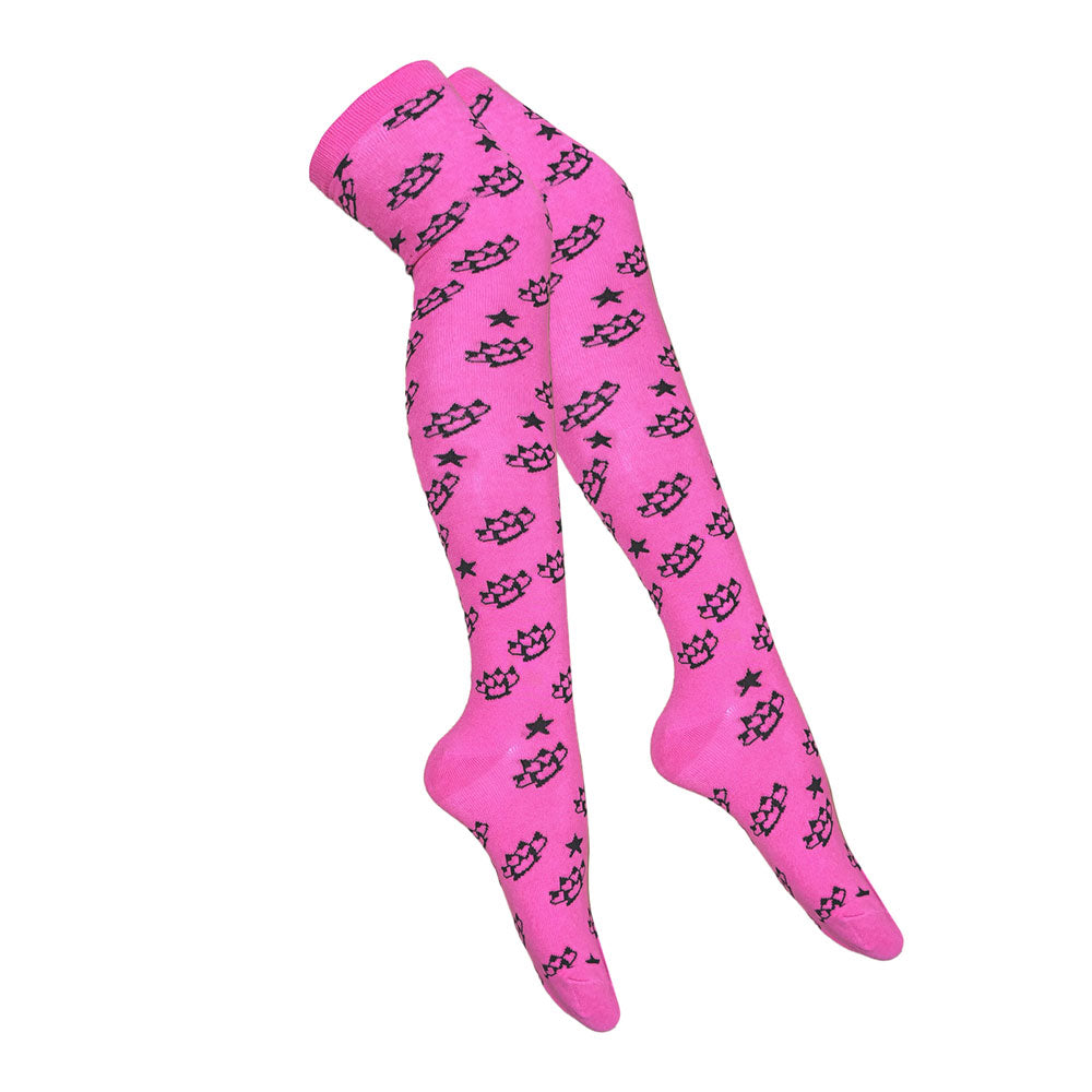 Scene Knuckle Pink Thigh-High Knit Socks – Black Brass Knuckle & Star Pattern