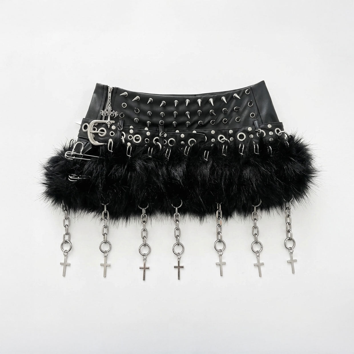 Black Faux Fur Punk Mini Skirt – Goth Chain Cross Micro Skirt