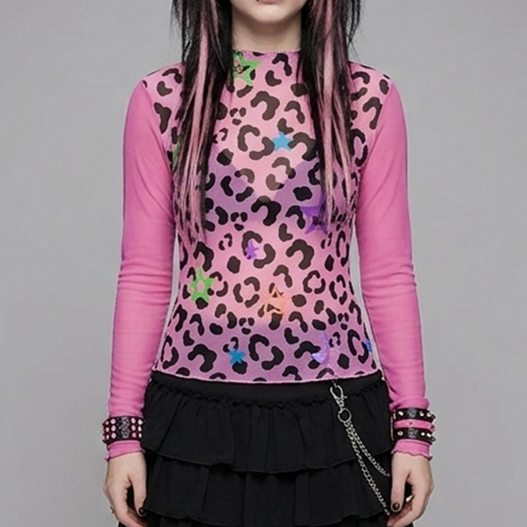 Pink Leopard Scene Queen Women's Mesh Long Sleeve Top (XS to 6XL)