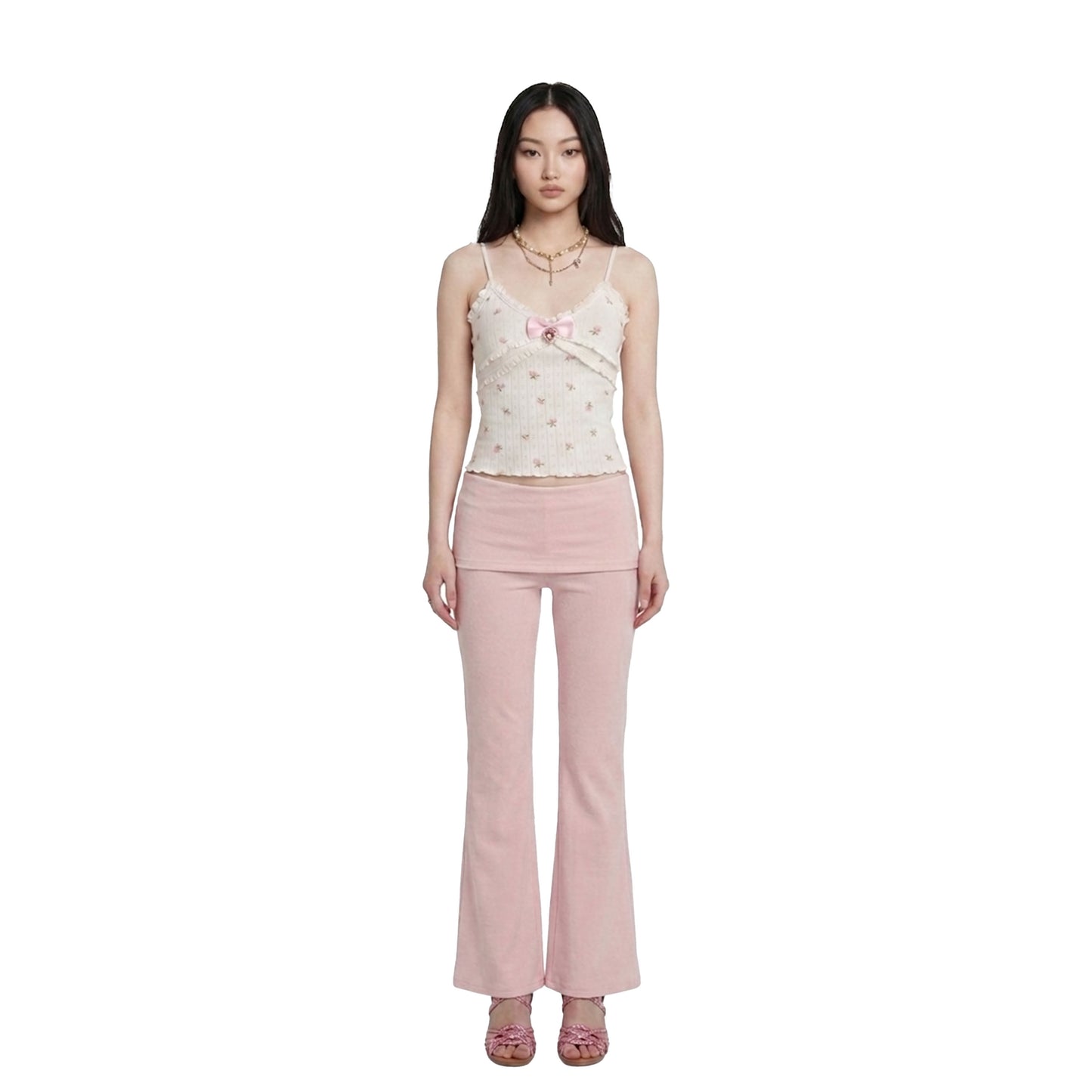 Cherry Blossom Flare Pants – Y2K Low Rise Foldover Bell Bottom Leggings