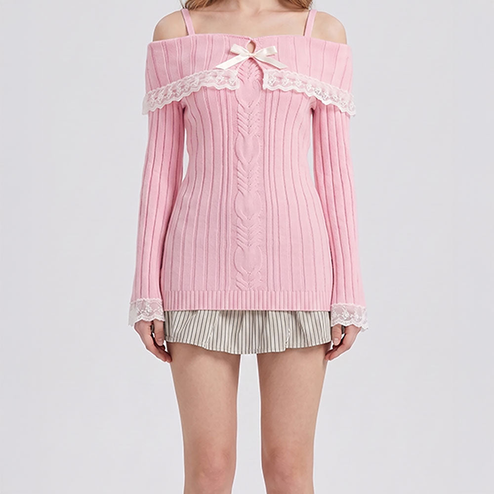 Soft Lace Trim Long Sleeve Top – Coquette Off Shoulder Y2K Knit