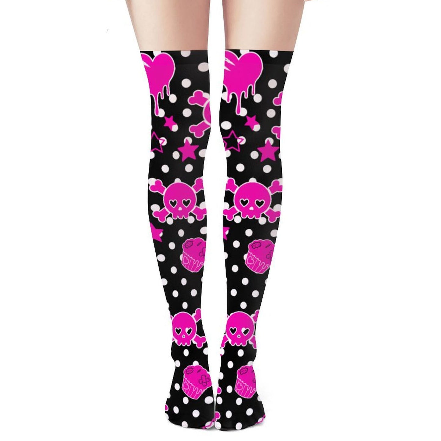 Pink Skull Cupcake Polka Dot Over-the-Knee Stockings – Emo Scene Kid, One Size