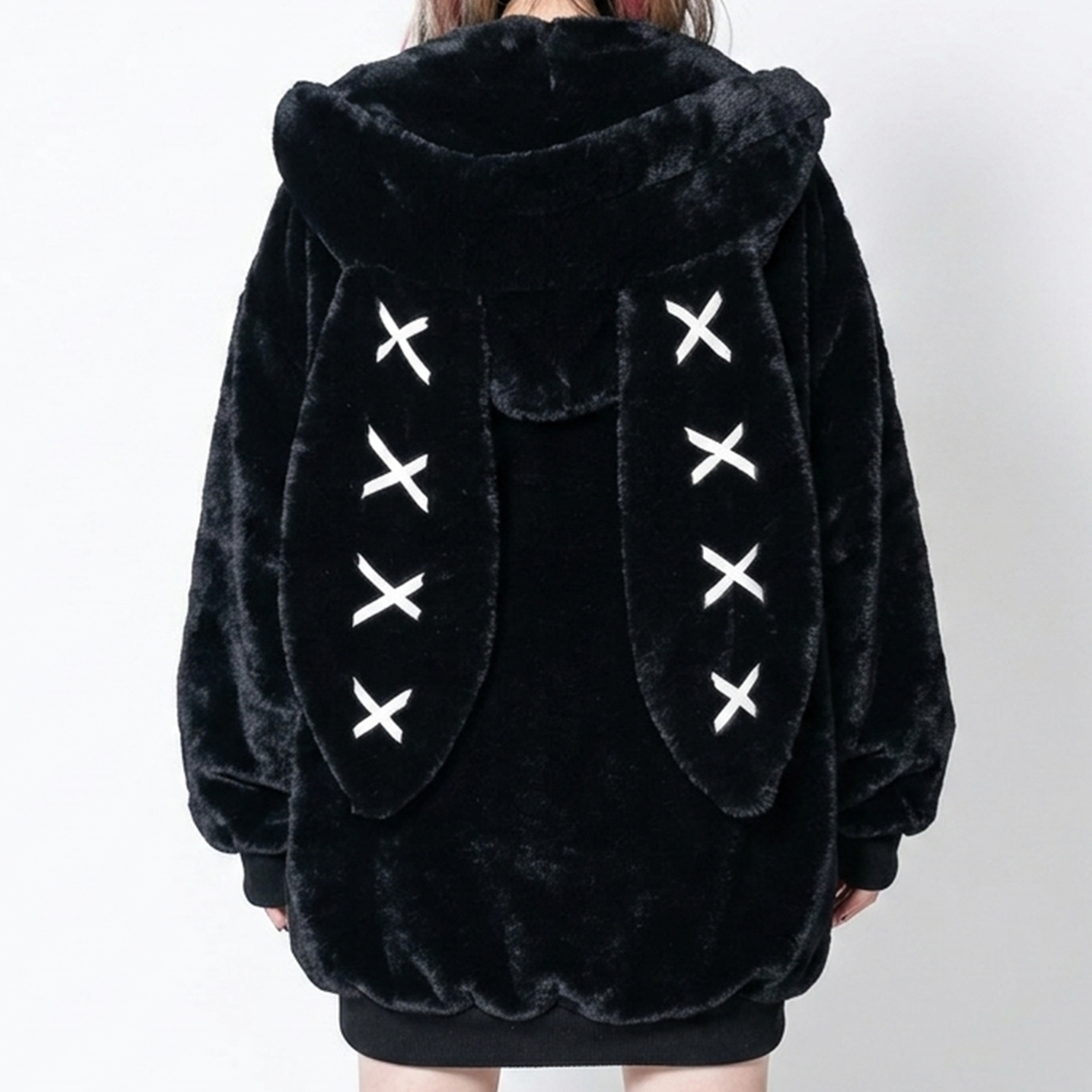Bunny Ear Faux Fur Oversized Hoodie Coat