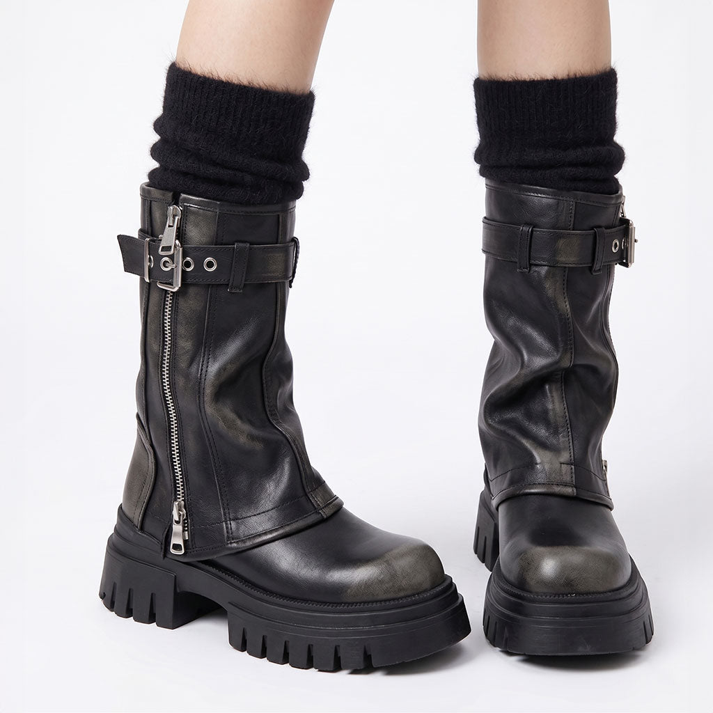 Mid-Calf Chunky Zip Boots – Y2K Punk Buckle Platform Combat Boots