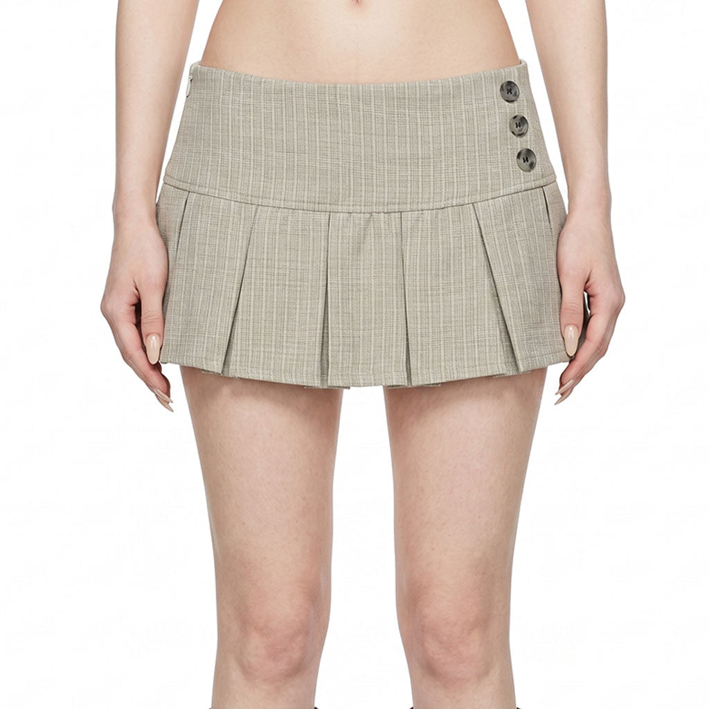Beige Plaid Mini Skirt – Low Rise Pleated School Aesthetic