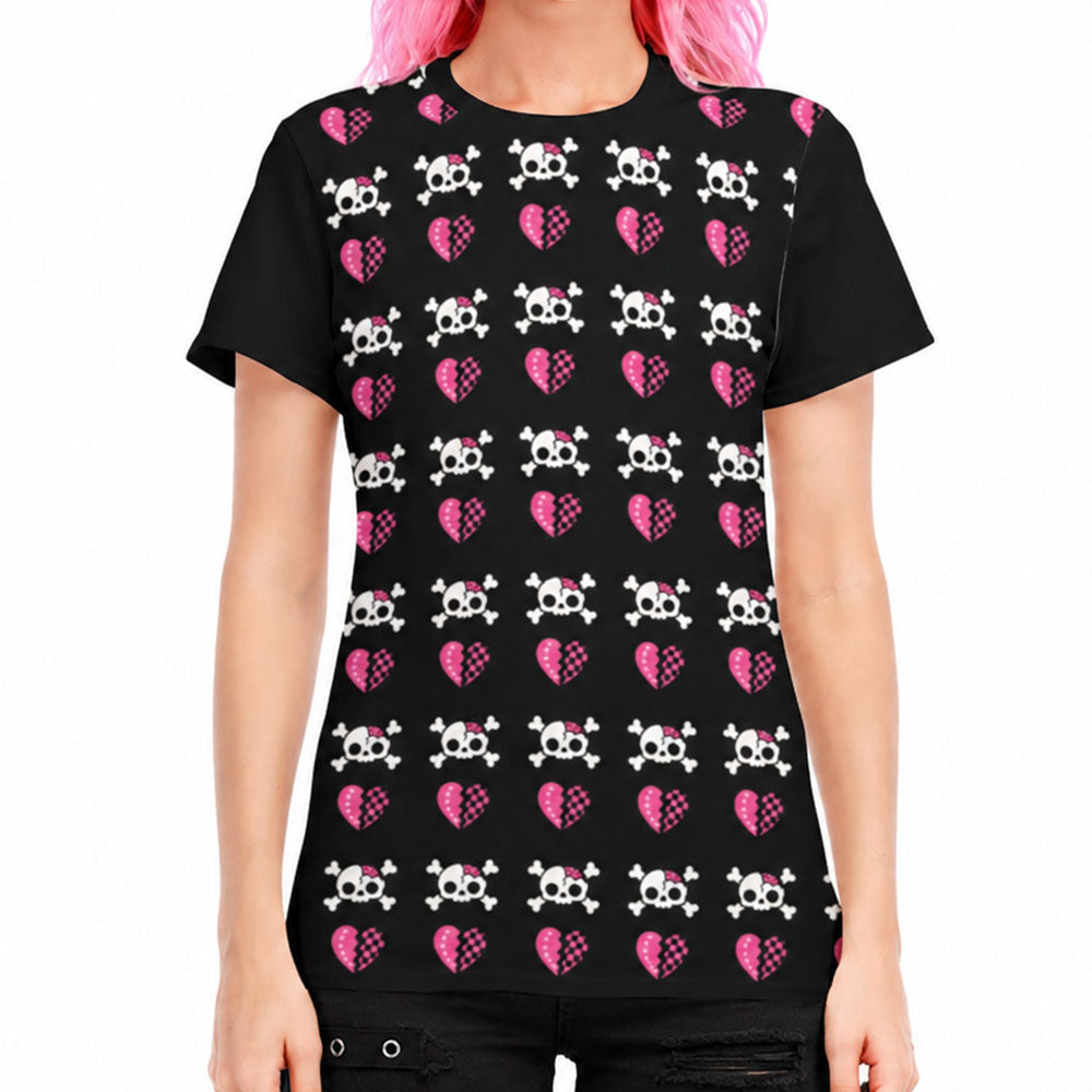 Zombie Skeleton Heart Women's All Over Print T-Shirt – Emo Scene Girl, S–9XL