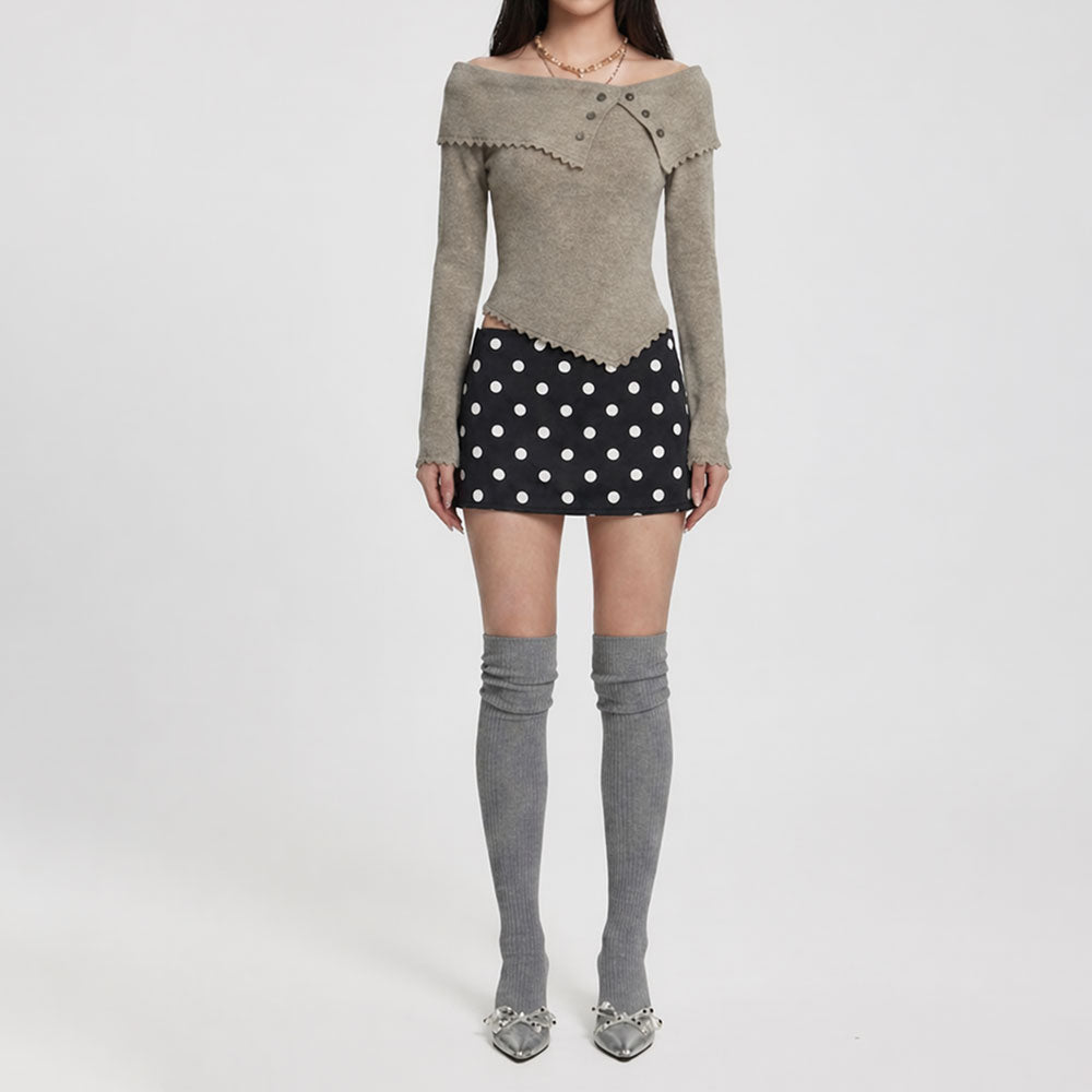 Off-Shoulder Asymmetrical Knit Top – Button Detail Soft Slim Fit Sweater