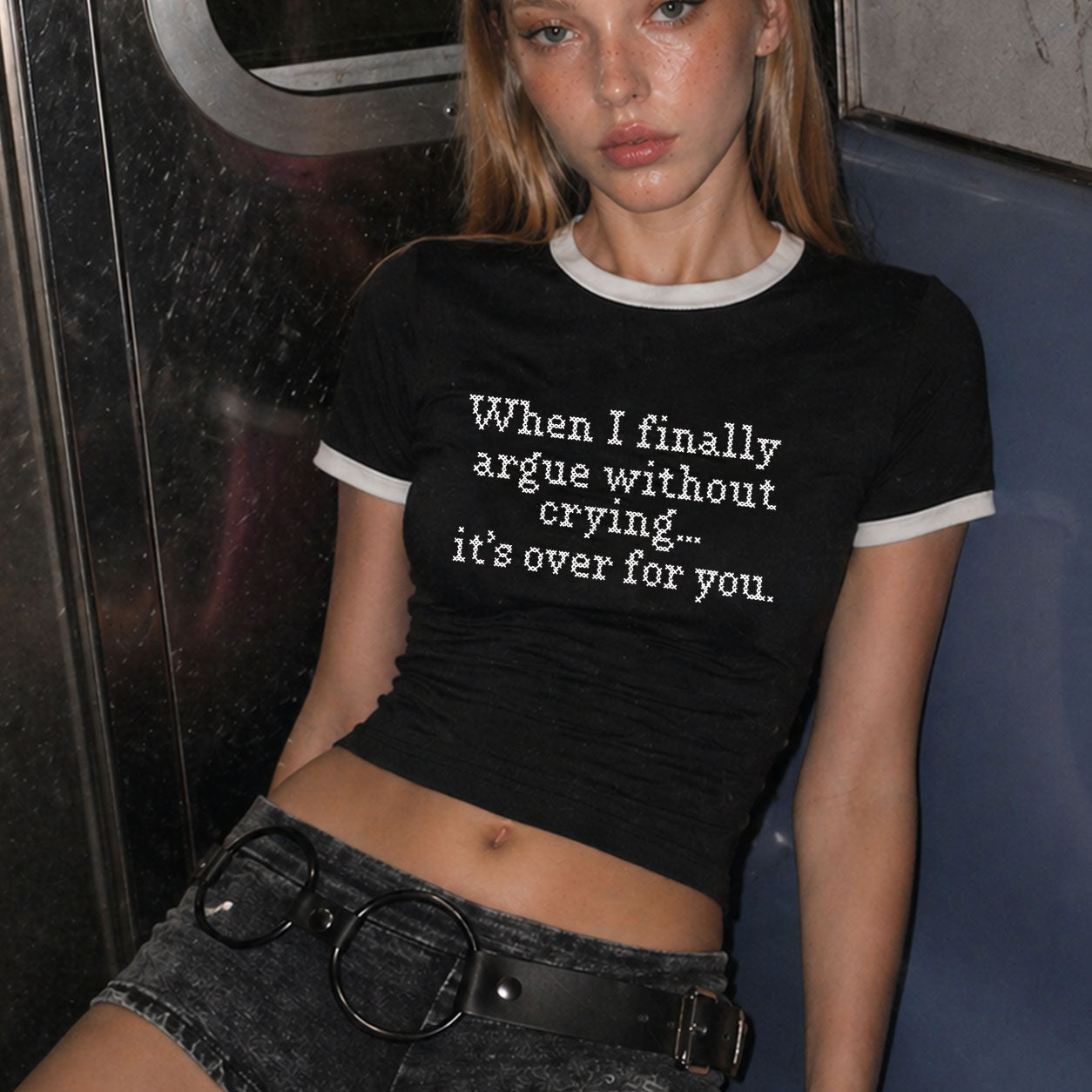 When It’s Over Ringer Tee — Black Baby Tee with Statement Graphic