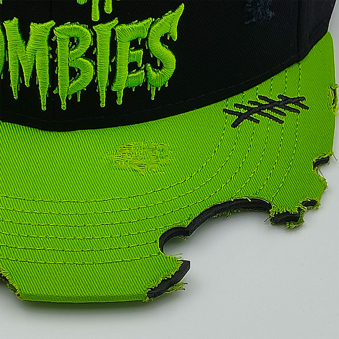 I Heart Zombies Distressed Snapback Cap – Neon Green & Black