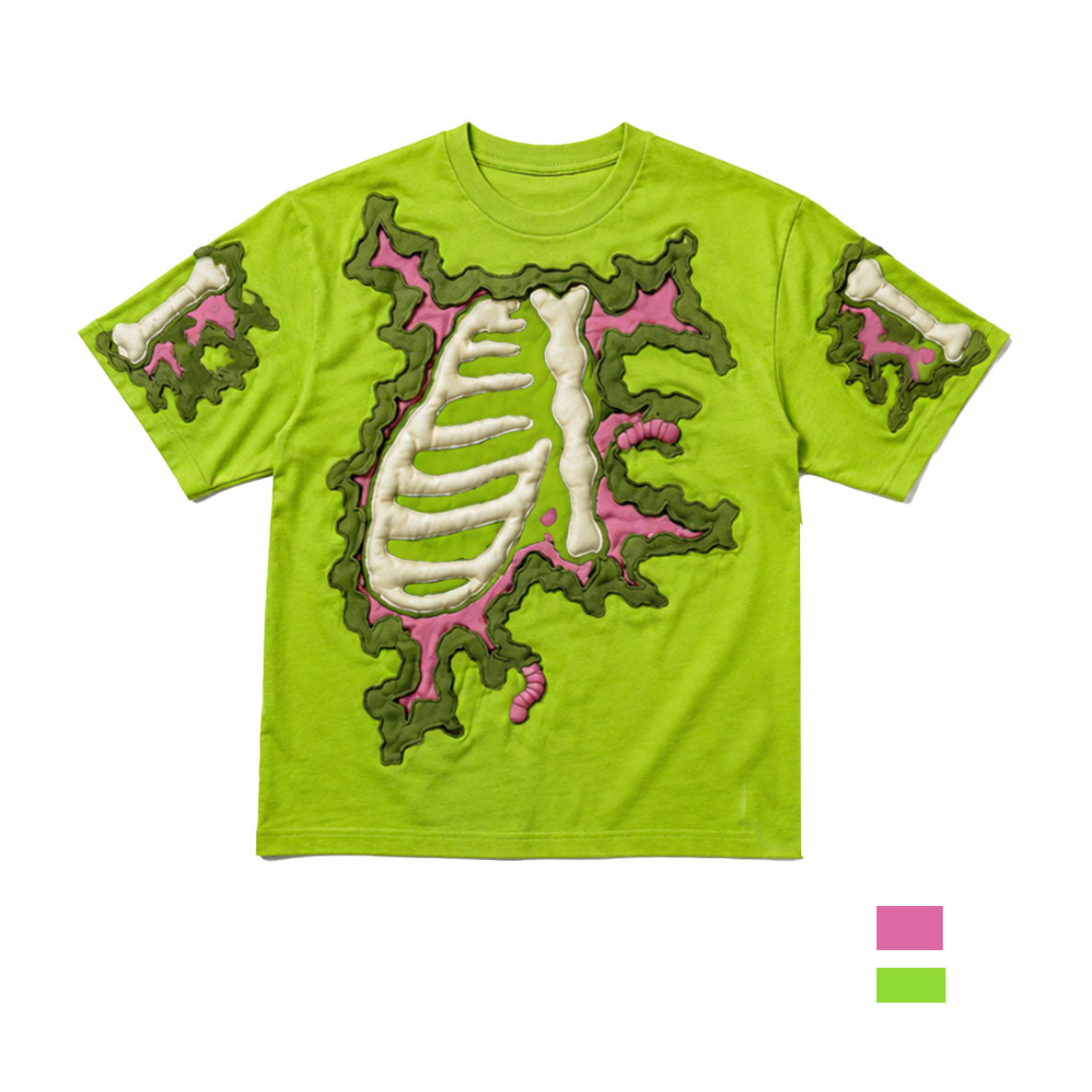 Zombie Ribcage Appliqué Tee – Slime Green Skeleton T-Shirt