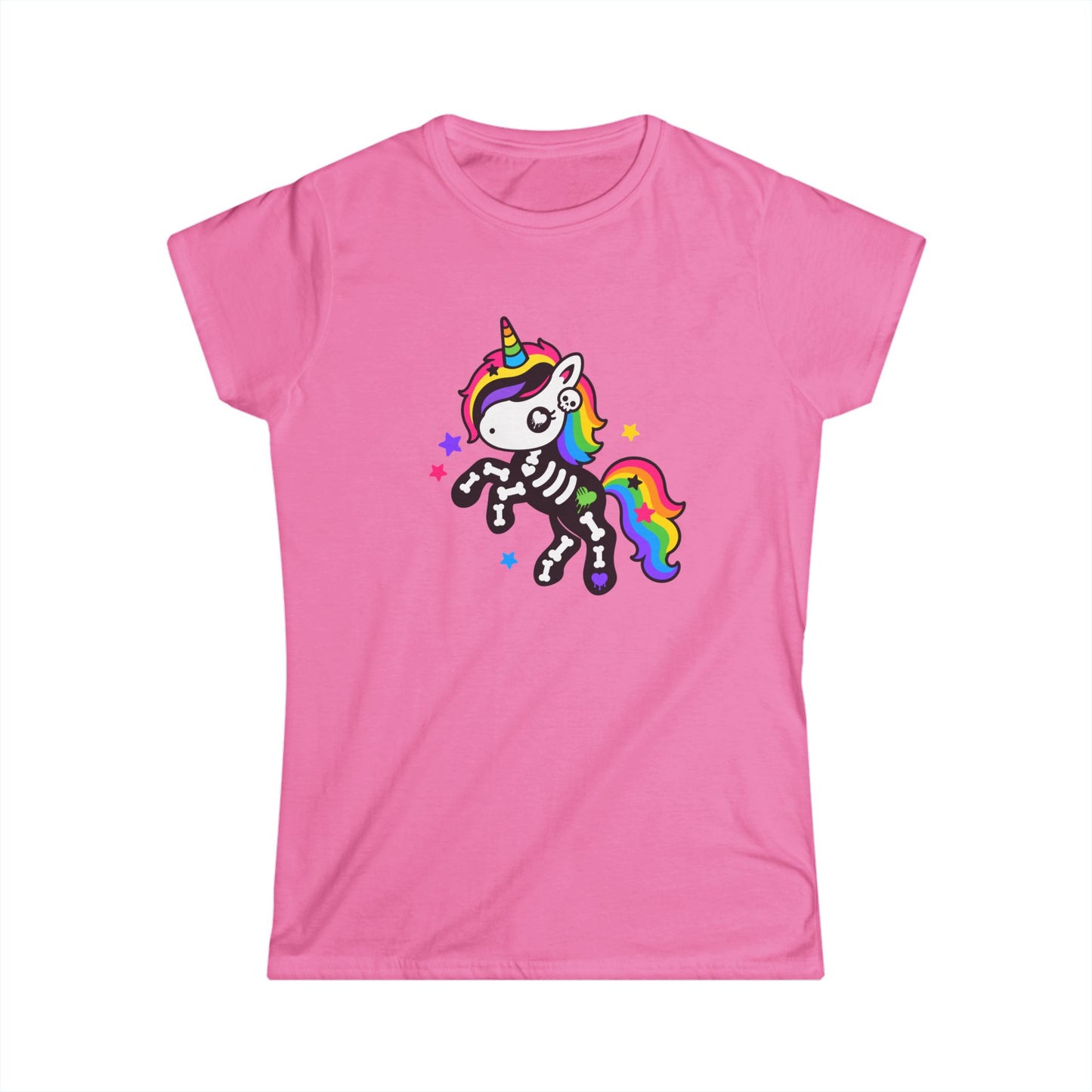 Rainbow Skeleton Unicorn Women's Softstyle T-Shirt – Scene Kid Kawaii Goth Tee, S–3XL