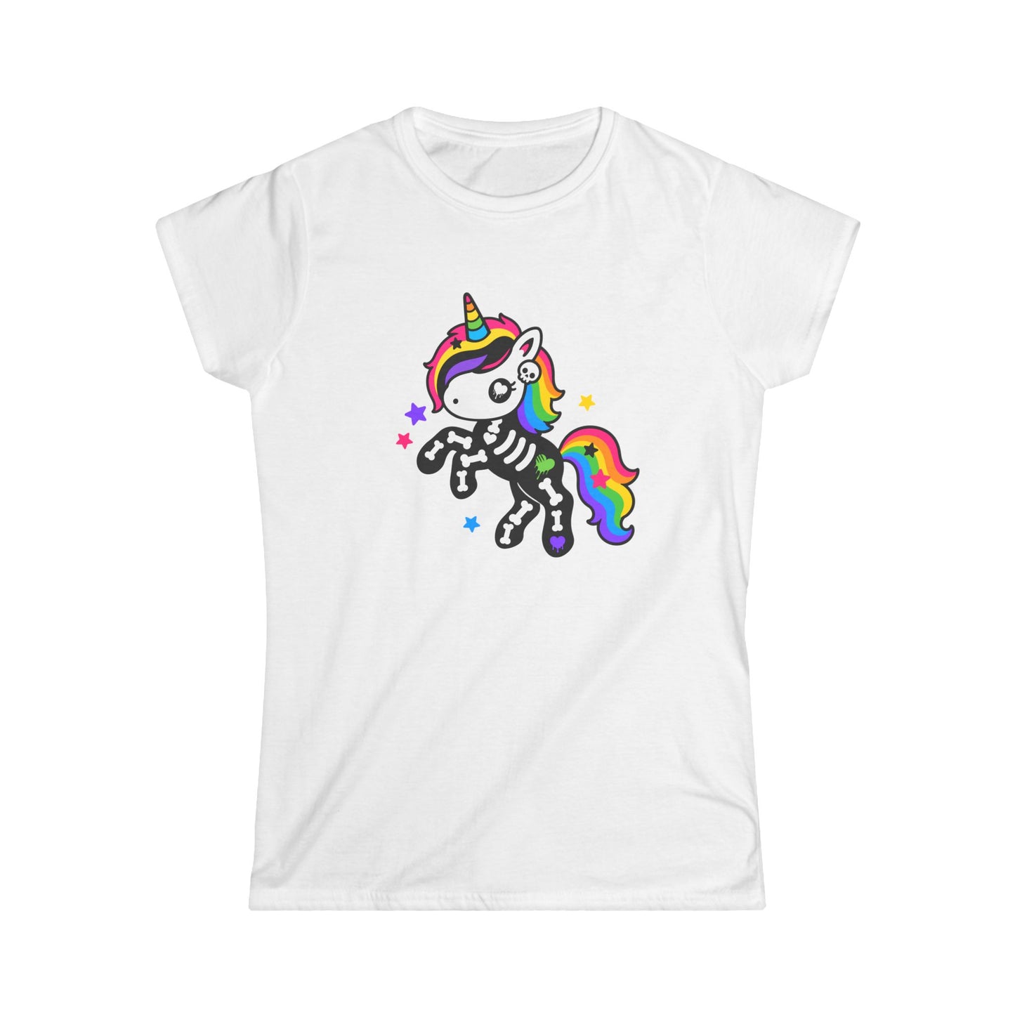 Rainbow Skeleton Unicorn Women's Softstyle T-Shirt – Scene Kid Kawaii Goth Tee, S–3XL