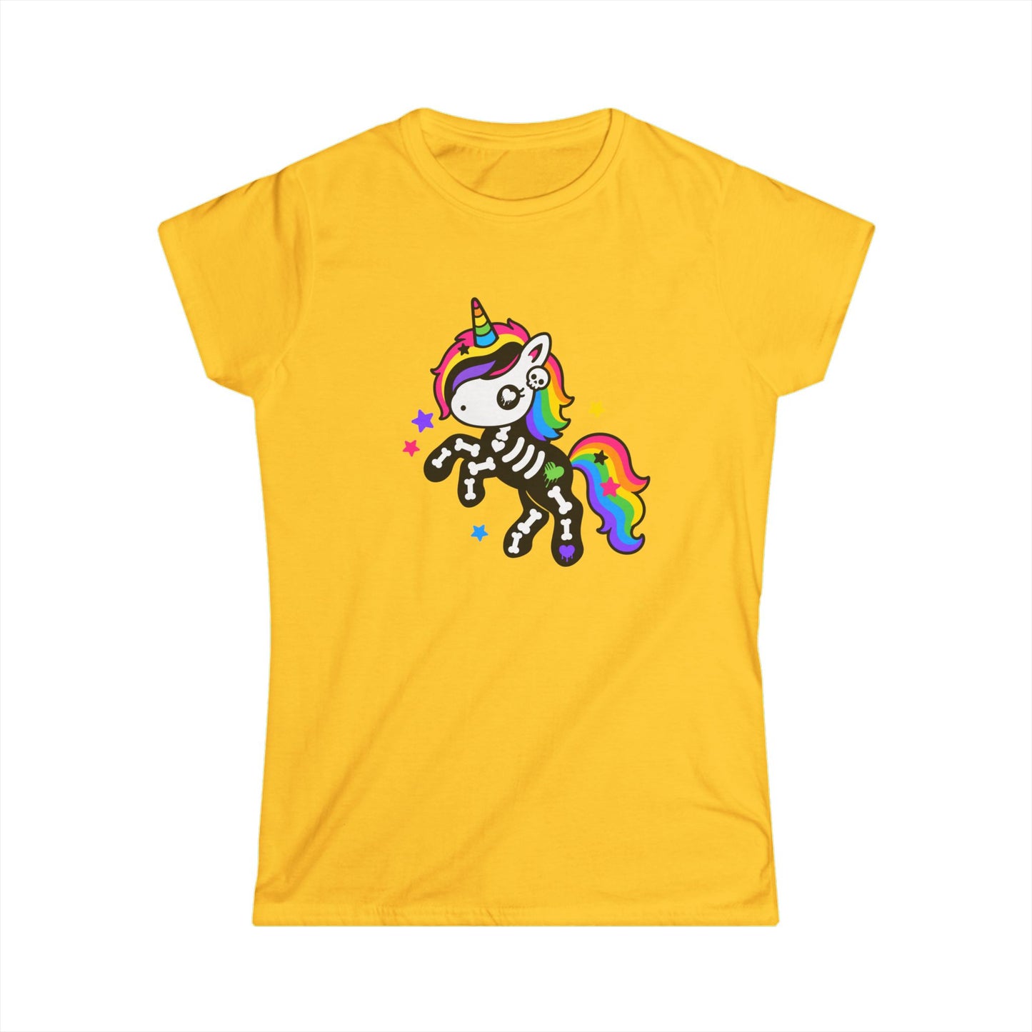 Rainbow Skeleton Unicorn Women's Softstyle T-Shirt – Scene Kid Kawaii Goth Tee, S–3XL