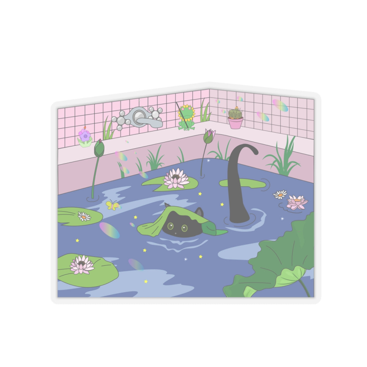 Kawaii Neko night bath Kiss-Cut Stickers