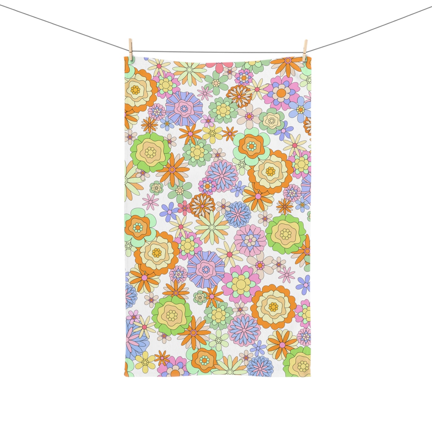 Retro Flower Child Green Hand Towel