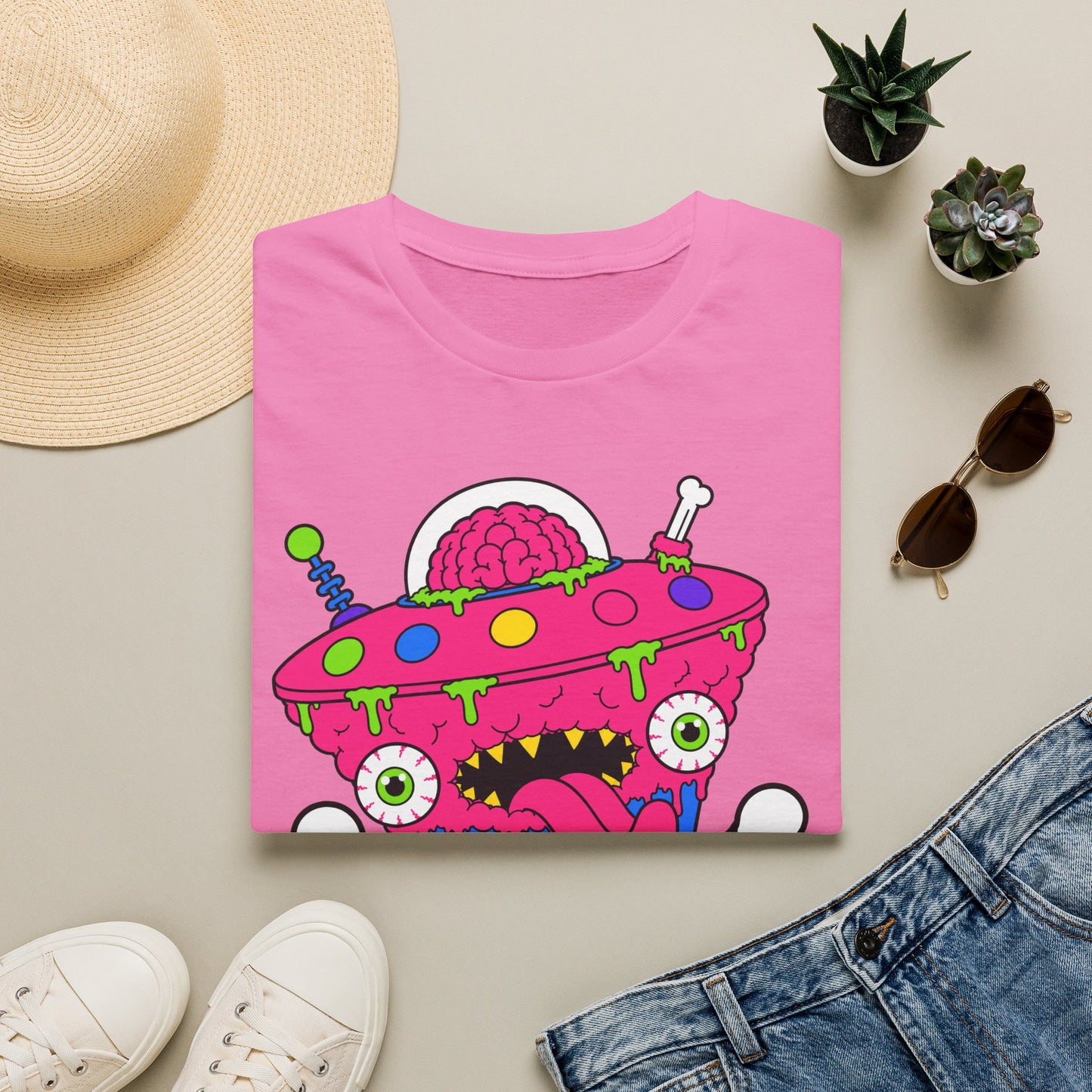 Alien UFO Monster T-Shirt — Pink Brain Spaceship Graphic Tee