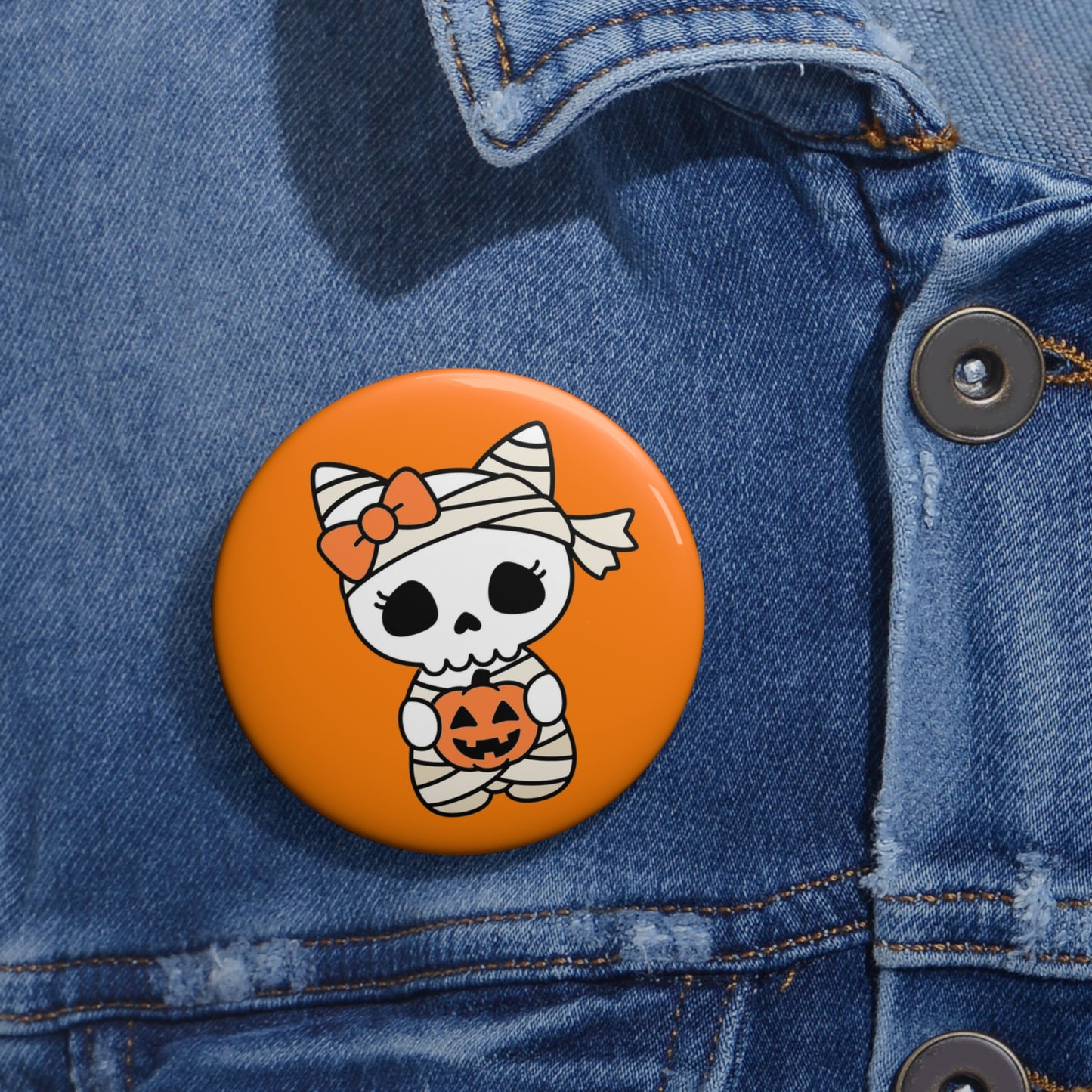 Cute Mummy Skull Halloween Pin Button – Orange Trick-or-Treat Accessory