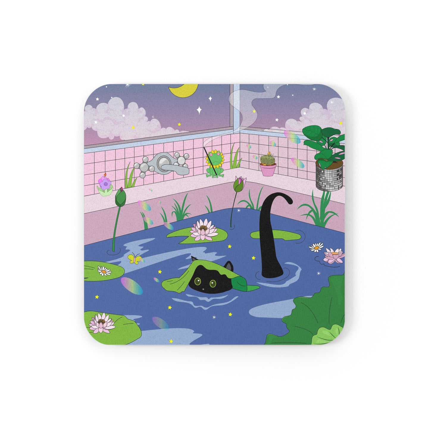 Kawaii Neko night bath Cork Coaster