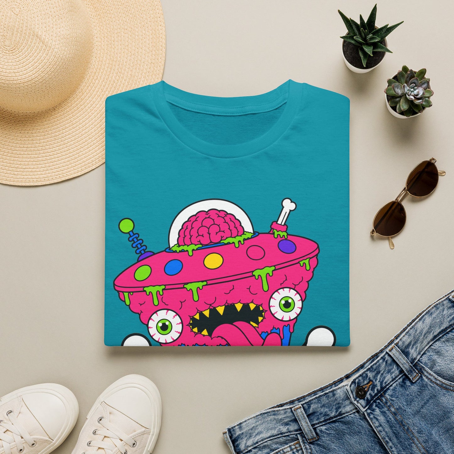 Alien UFO Monster T-Shirt — Pink Brain Spaceship Graphic Tee