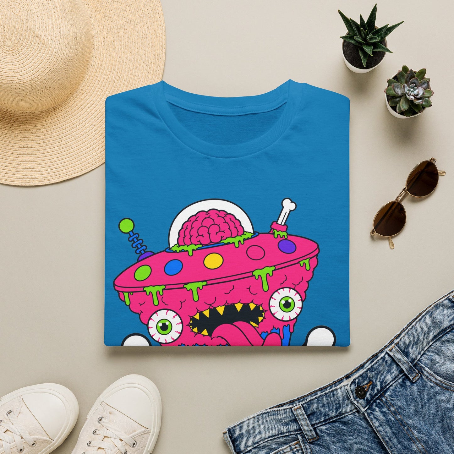 Alien UFO Monster T-Shirt — Pink Brain Spaceship Graphic Tee