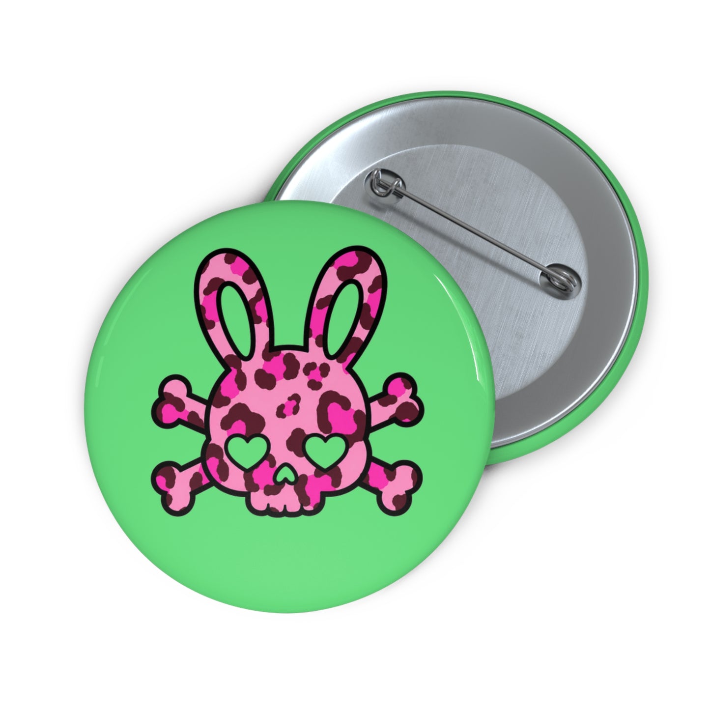 Cute Punk Bunny Skull Pin Button — Pink Leopard Heart-Eye Badge