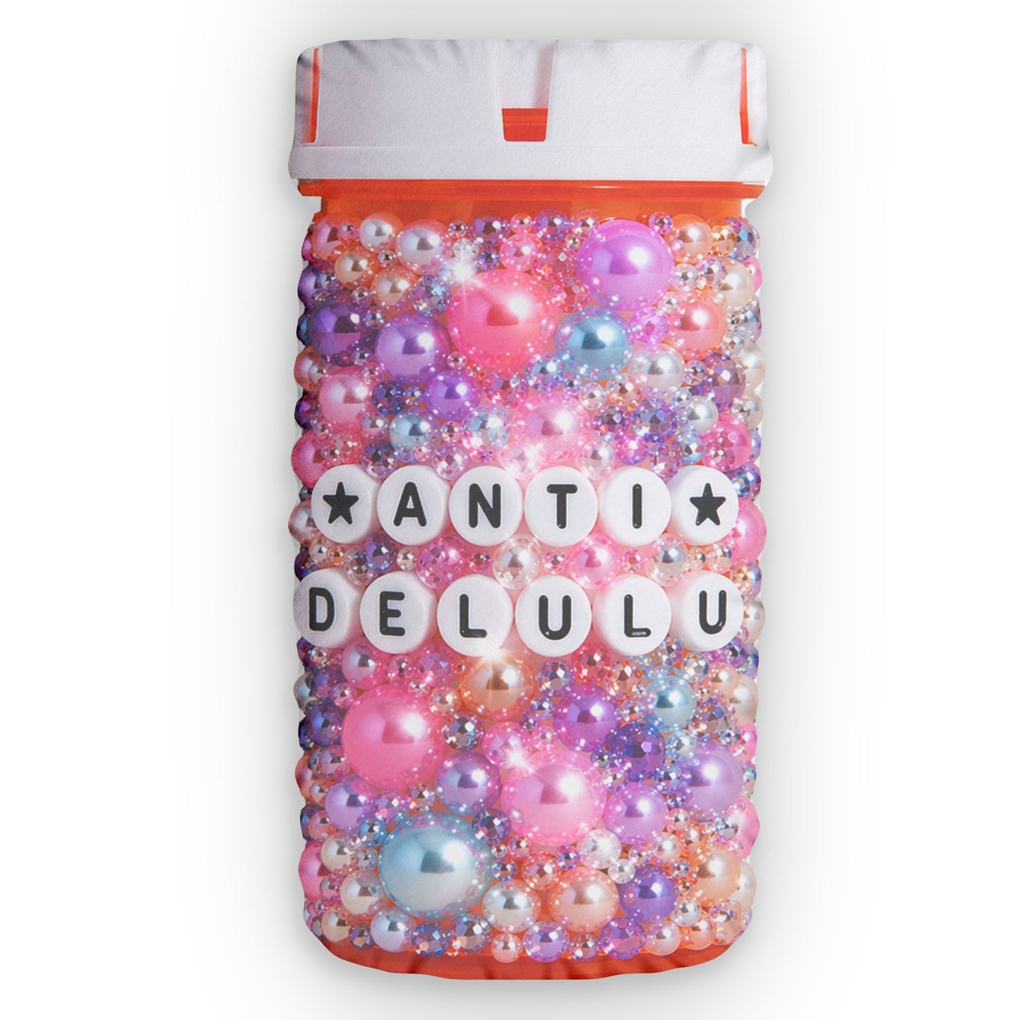 Anti Delulu Pill Bottle Pillow – Kawaii Glitter Plush Cushion