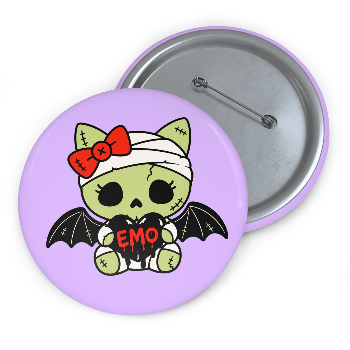 Emo Bat Kitty Pin Button — Cute Gothic Skull Cat Badge