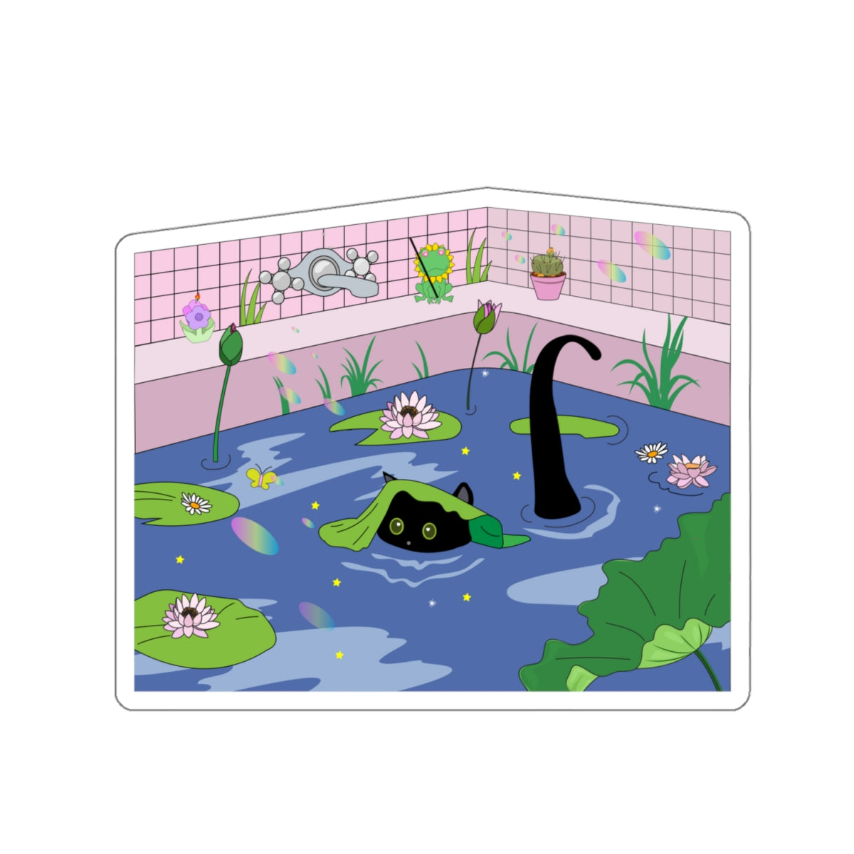 Kawaii Neko night bath Kiss-Cut Stickers