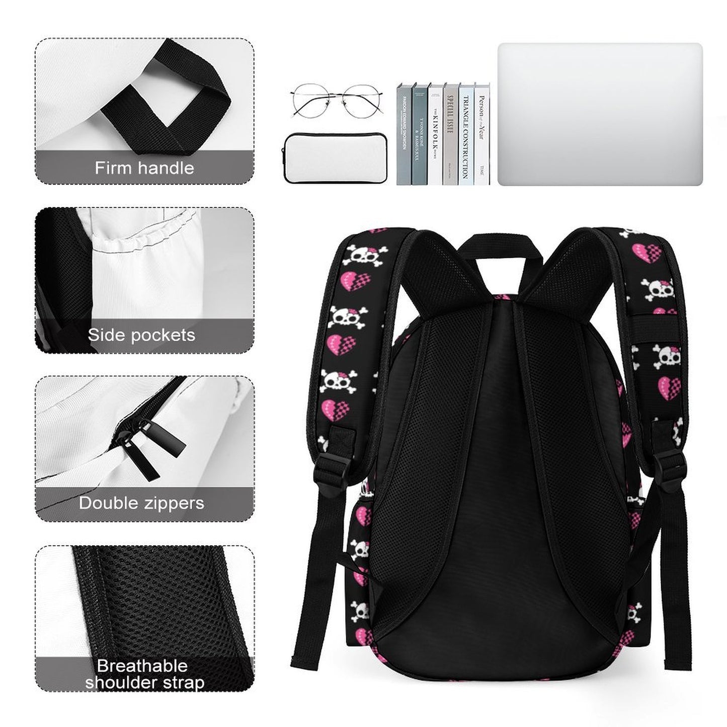 Heartbreak Riot Emo Backpack – Skull & Broken Heart Print