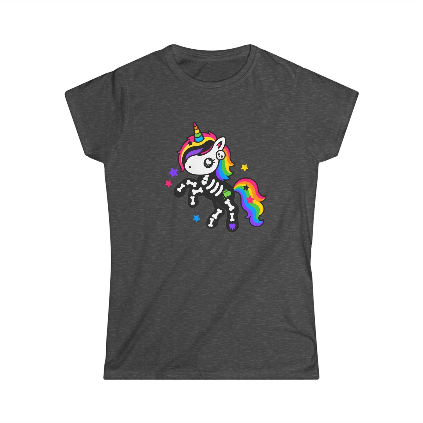 Rainbow Skeleton Unicorn Women's Softstyle T-Shirt – Scene Kid Kawaii Goth Tee, S–3XL