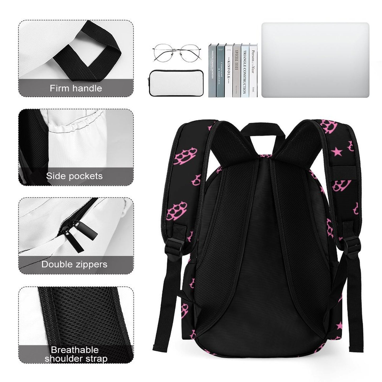 Pink Brass Knuckle Star Scene Backpack – Black Emo Y2K Bag