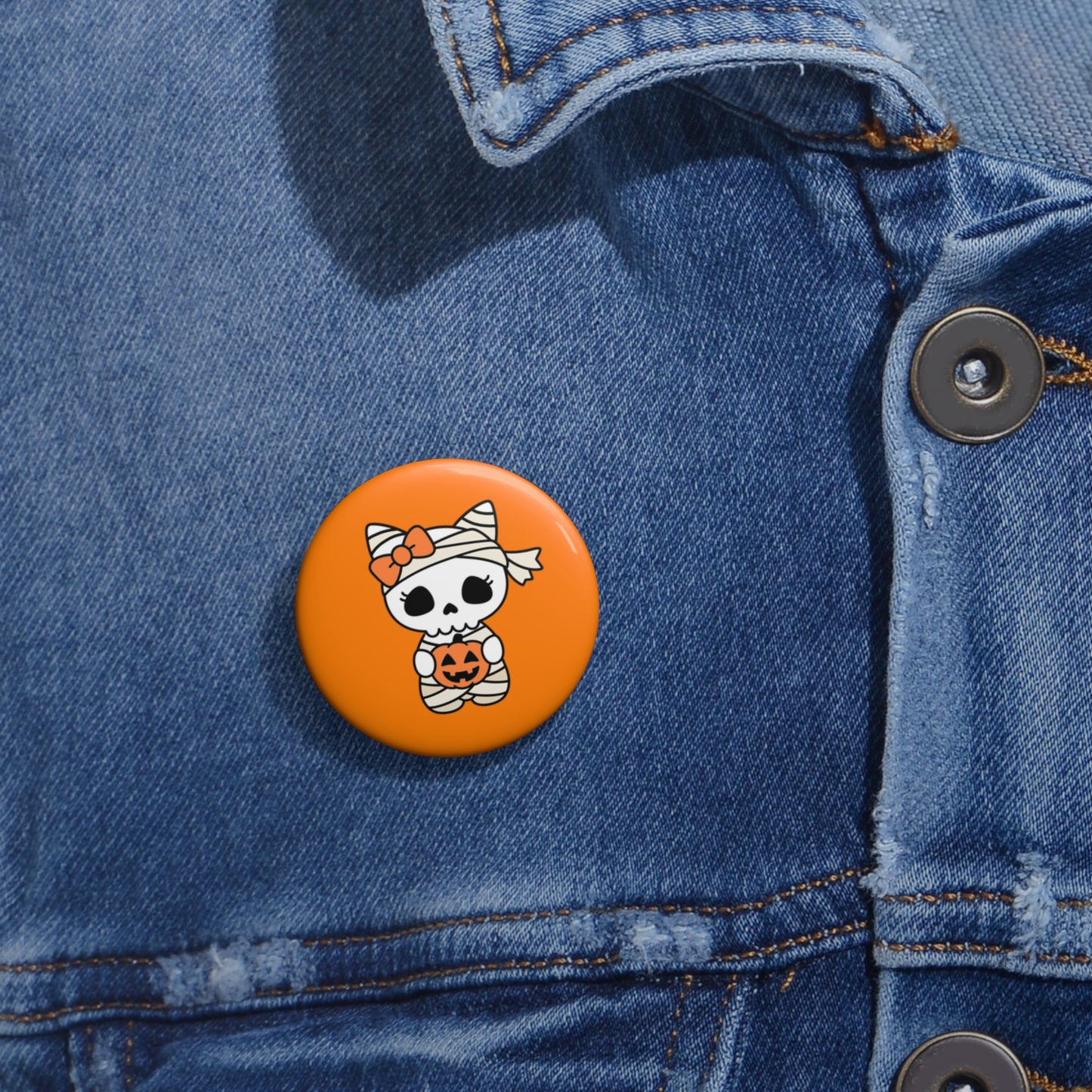 Cute Mummy Skull Halloween Pin Button – Orange Trick-or-Treat Accessory