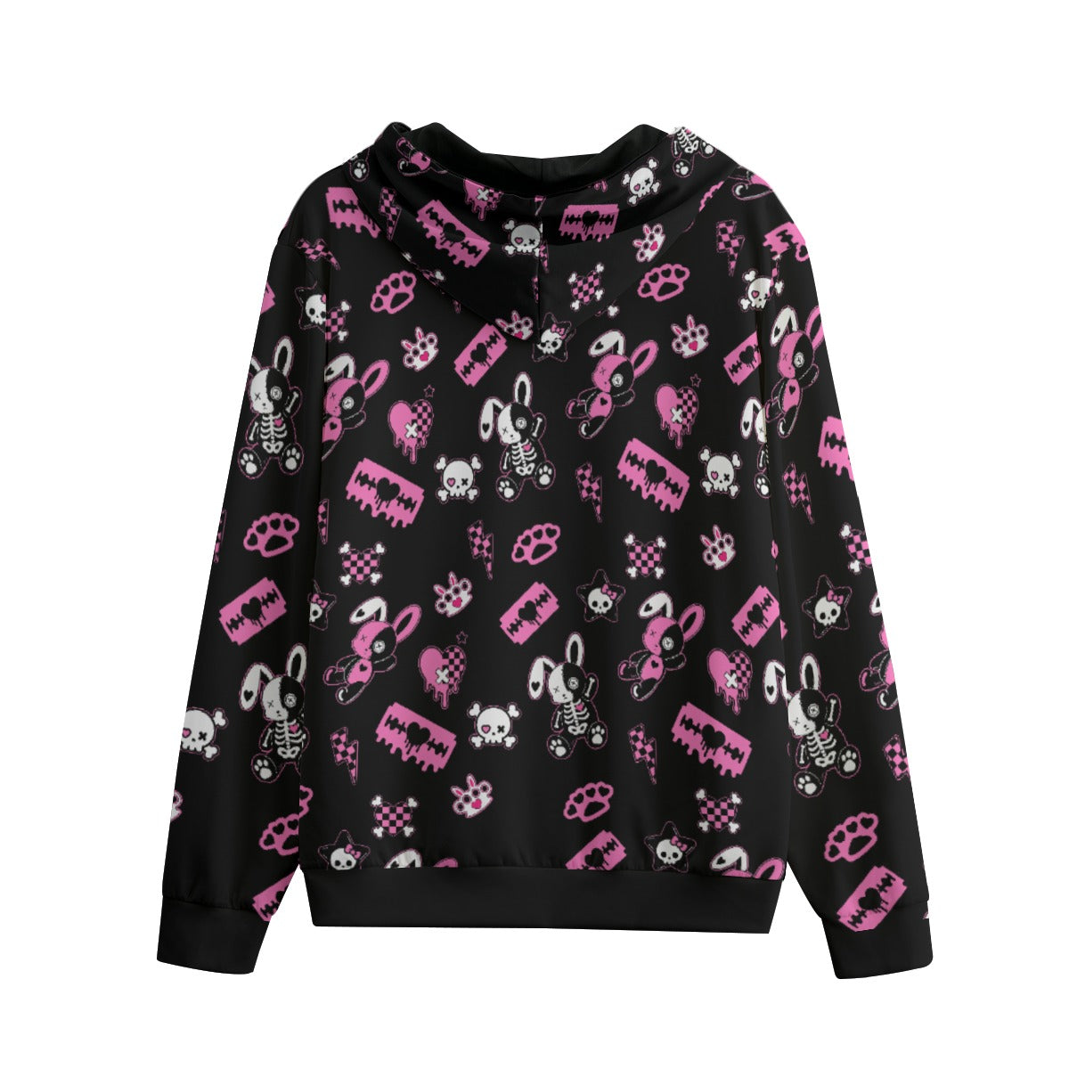 Zombie Skeleton Bunny Zip-Up Hoodie – Pink & Black Scene Core
